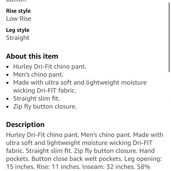 BNWT Hurley Nike Dri Fit Chinos Olive Green size 34 $70 - Picture 3 of 9